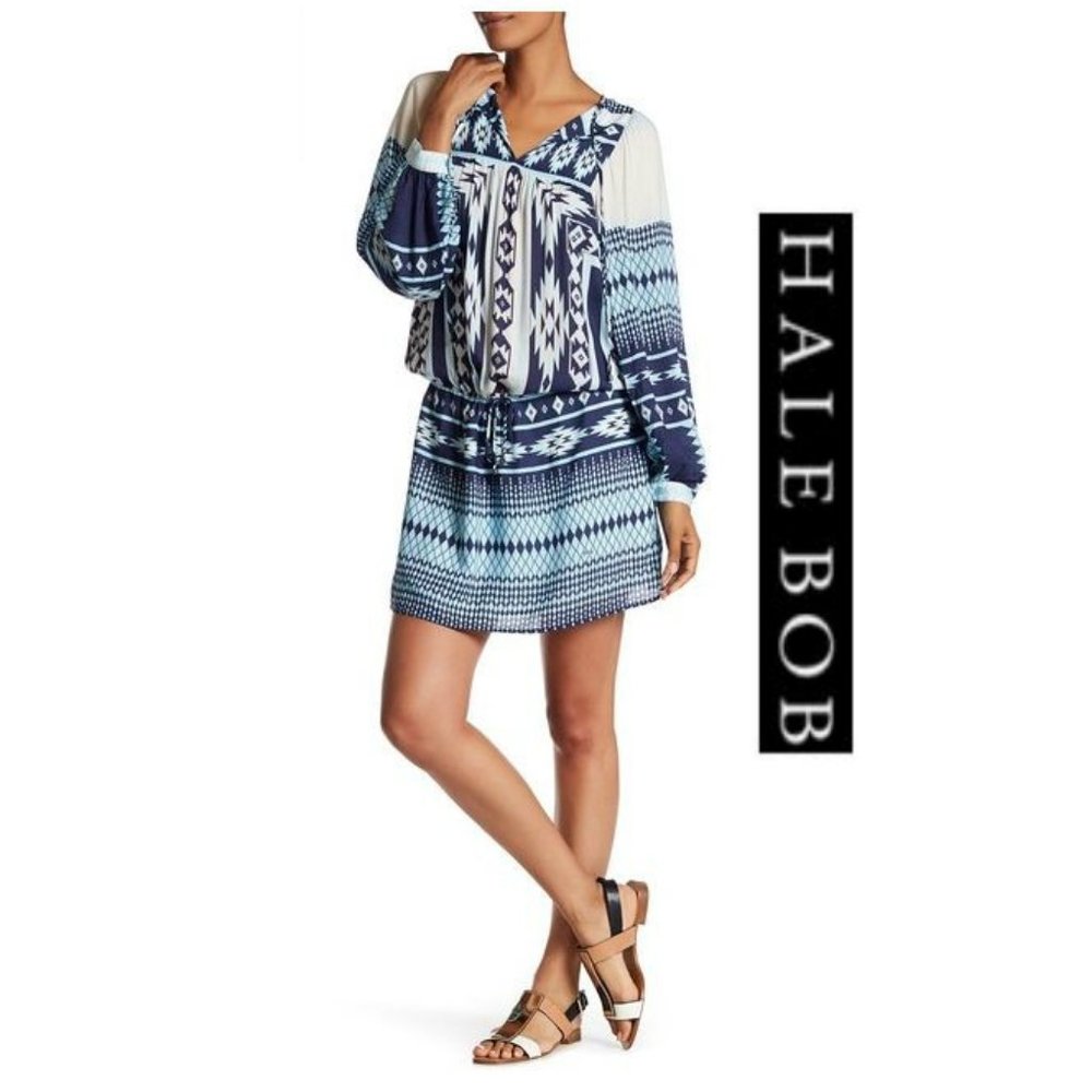 NWT Hale Bob Blue Aztec Drop Waist Blouson Dress